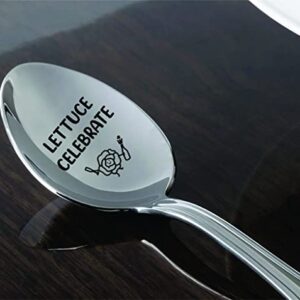 Funny Let Us Celebrate Spoon Hilarious Gifts For Vegan Veggie Food Lovers | Lettuce Celebrate Salad Quote Engraved Spoon With Lettuce Vegetable Icon | Sarcastic Birthday Gifts For Vegetarian Friends