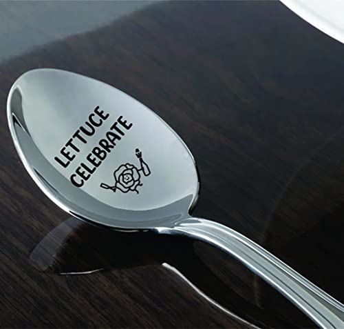 Funny Let Us Celebrate Spoon Hilarious Gifts For Vegan Veggie Food Lovers | Lettuce Celebrate Salad Quote Engraved Spoon With Lettuce Vegetable Icon | Sarcastic Birthday Gifts For Vegetarian Friends