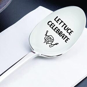 Funny Let Us Celebrate Spoon Hilarious Gifts For Vegan Veggie Food Lovers | Lettuce Celebrate Salad Quote Engraved Spoon With Lettuce Vegetable Icon | Sarcastic Birthday Gifts For Vegetarian Friends