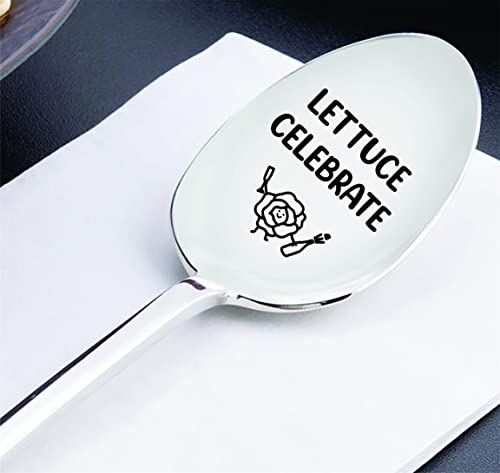 Funny Let Us Celebrate Spoon Hilarious Gifts For Vegan Veggie Food Lovers | Lettuce Celebrate Salad Quote Engraved Spoon With Lettuce Vegetable Icon | Sarcastic Birthday Gifts For Vegetarian Friends