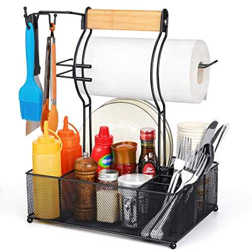 FANGSUN Large Grill Utensil Caddy, Picnic Condiment Caddy, BBQ Organizer for Camping Outdoor Mesh Basket with 3 Hanging Hooks and Paper Towel Holder, Ideal Table Storage Tools for Paper Plate Cutlery