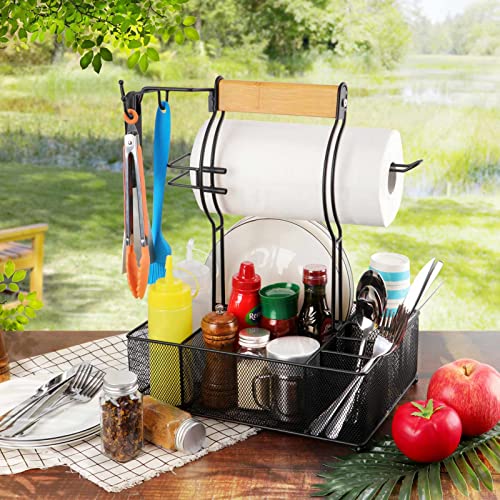 FANGSUN Large Grill Utensil Caddy, Picnic Condiment Caddy, BBQ Organizer for Camping Outdoor Mesh Basket with 3 Hanging Hooks and Paper Towel Holder, Ideal Table Storage Tools for Paper Plate Cutlery