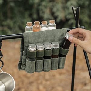 TOBWOLF Portable Spice Bag with 9 Spice Jars, Canvas Seasoning Storage Bag Organizer, Seasoning Bottle Holder with Mini Condiment Bottle, Condiment Container Set for Outdoor Camping BBQ Picnic - Green