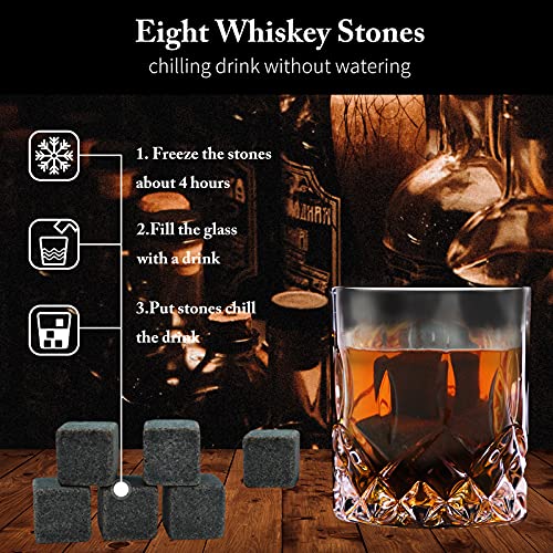 HEYPUB Whiskey Stones Gift Set,Whiskey Glasses Set 8 Granite Chilling Whisky Rocks, 2 Bourbon Glasses ,Best Drinking Gifts for Men Dad Husband Birthday Anniversary Present，Plus 2 Free Coasters.