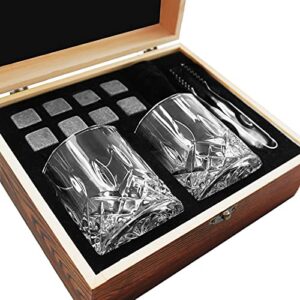 HEYPUB Whiskey Stones Gift Set,Whiskey Glasses Set 8 Granite Chilling Whisky Rocks, 2 Bourbon Glasses ,Best Drinking Gifts for Men Dad Husband Birthday Anniversary Present，Plus 2 Free Coasters.