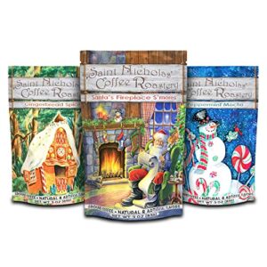 ground coffee christmas gift set – 9oz total of three holiday flavors in decorative 3oz bags – gingerbread spice, peppermint mocha, santa’s fireplace s’mores medium roast – gift or stocking stuffer for mom, coworkers, teachers, adults
