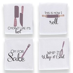 aller home & kitchen funny kitchen towels with sayings. 4pc kitchen towel set, fun pun gadget design – waffle weave towel, decorative funny dish towels for mom. cute kitchen towels for gifts