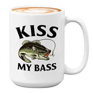 Fishing Coffee Mug 15oz White - Fisher, Retirement Dad - Fishing, Fish Lover, Hook, Bait, Reel, Rod, Spooling, Outdoor Hobby (Kiss Bass)