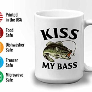 Fishing Coffee Mug 15oz White - Fisher, Retirement Dad - Fishing, Fish Lover, Hook, Bait, Reel, Rod, Spooling, Outdoor Hobby (Kiss Bass)