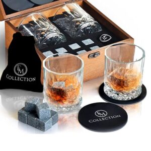 emcollection’s crystal whiskey glasses set of 2 | old-fashioned style | 8 whiskey stones gift set | coasters & velvet bag | all in a brown cool wooden box | for him, men’s gift, boss, whisky lovers