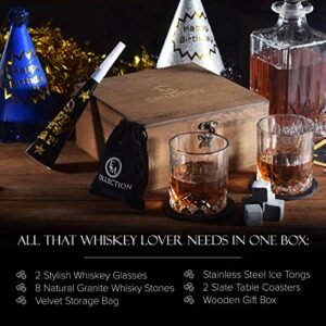 EMcollection's Crystal Whiskey Glasses Set of 2 | Old-Fashioned Style | 8 Whiskey Stones Gift Set | Coasters & Velvet Bag | All in a Brown Cool Wooden Box | for Him, Men's Gift, Boss, Whisky Lovers