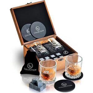 EMcollection's Crystal Whiskey Glasses Set of 2 | Old-Fashioned Style | 8 Whiskey Stones Gift Set | Coasters & Velvet Bag | All in a Brown Cool Wooden Box | for Him, Men's Gift, Boss, Whisky Lovers