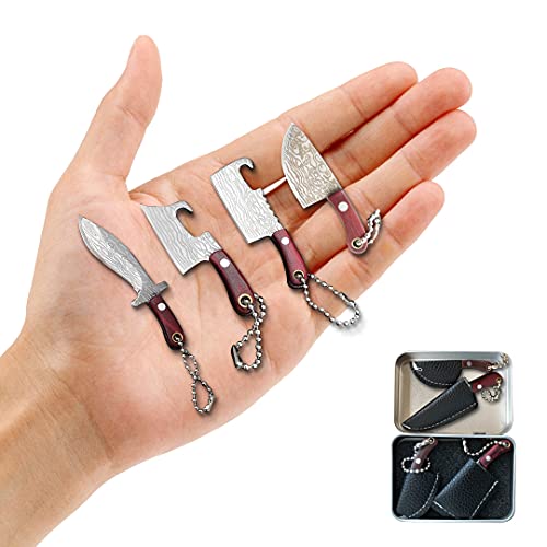 HAOXU Mini Pocket Knife Set Damascus Tiny Knife For Beer Bottle Opener Package Box Cutter Necklace Knife - 4pcs