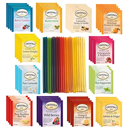 Twinings Tea Sampler Set 12 Flavors Assortment 48 Assorted Tea Bags with 20 Honey Sticks for Tea, Straws and Naturally Caffeine Free Herbal Tea Set…