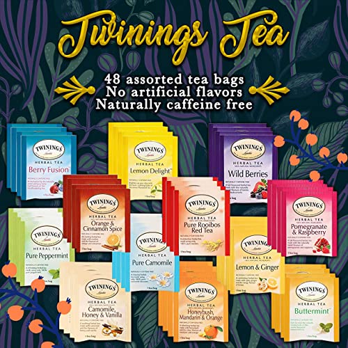 Twinings Tea Sampler Set 12 Flavors Assortment 48 Assorted Tea Bags with 20 Honey Sticks for Tea, Straws and Naturally Caffeine Free Herbal Tea Set…