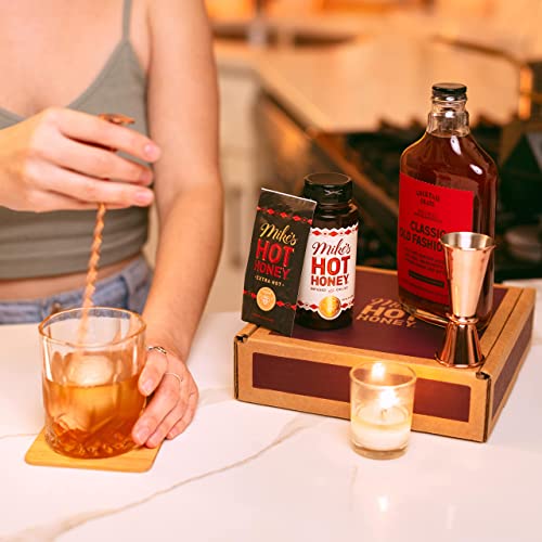 Mike's Hot Honey Cocktail Gift Set - Old Fashioned Cocktail Kit with Rose Gold Cocktail Jigger and Bar Spoon, Classic Old Fashioned Cocktail Mix, Mikes Hot Honey, 2 Coasters & Recipe Book