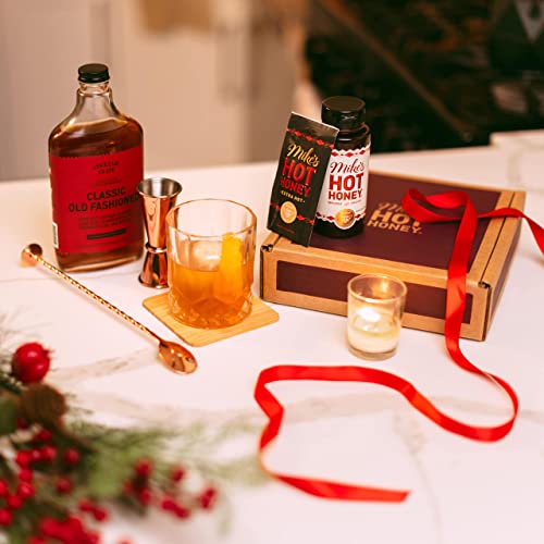 Mike's Hot Honey Cocktail Gift Set - Old Fashioned Cocktail Kit with Rose Gold Cocktail Jigger and Bar Spoon, Classic Old Fashioned Cocktail Mix, Mikes Hot Honey, 2 Coasters & Recipe Book