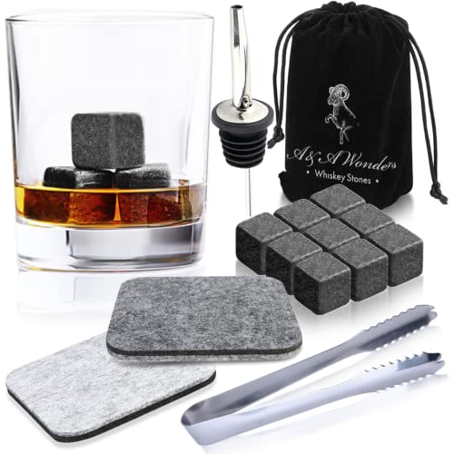 Premium Whiskey Stones 100% natural granite Set Of 9 Chilling Rocks Stone Reusable Ice Cubes For Drinks With Velvet Carrying Pouch,Grey, By AA Wonders (9 Cubes)