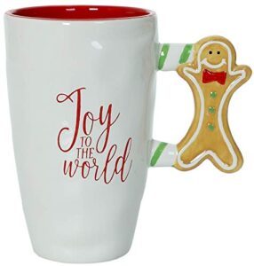 joy to the world – christmas themed ceramic glossy 17 oz mug with large gingerbread man handle (microwave and dishwasher safe)