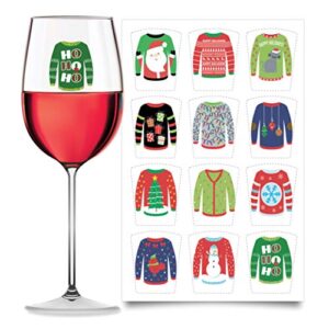 drink markers – holiday static cling glass stickers – reusable wine clings – funny christmas ugly sweater (vinyl, set of 12)