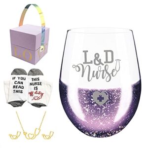 osci-fly valentines day gifts for l&d nurse, labor and delivery nurse handmade etched purple starry wine glass & nurse off duty socks – gift for nurses women