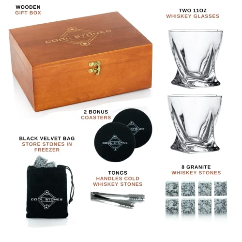 Cool Stones, Whiskey Glasses Set of 2 - Great Gift Set for Men - Bourbon Glasses Made for Whiskey Rocks - Includes Chilling Stones and Wooden Box - Glass Goes with Scotch, Whisky and Bourbon