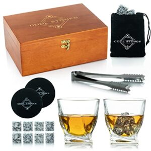 cool stones, whiskey glasses set of 2 – great gift set for men – bourbon glasses made for whiskey rocks – includes chilling stones and wooden box – glass goes with scotch, whisky and bourbon