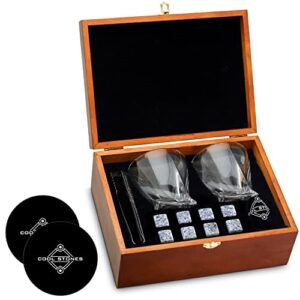 Cool Stones, Whiskey Glasses Set of 2 - Great Gift Set for Men - Bourbon Glasses Made for Whiskey Rocks - Includes Chilling Stones and Wooden Box - Glass Goes with Scotch, Whisky and Bourbon