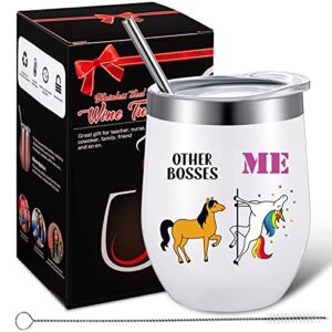 geiserailie christmas funny boss gifts unicorn coffee mug novelty boss gift idea for bosses day birthday christmas office decorations 12 oz stainless steel wine tumbler with lid brush (white)