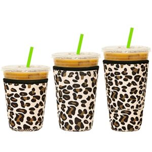 kiatoras 3 pack reusable iced coffee sleeve neoprene insulator sleeve for iced coffee cups or cold beverages cups (leopard)