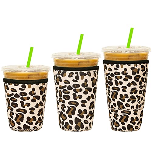 Kiatoras 3 Pack Reusable Iced Coffee Sleeve Neoprene Insulator Sleeve for Iced Coffee Cups or Cold Beverages Cups (Leopard)