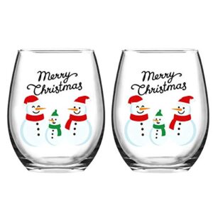 futtumy christmas gift, merry christmas snowmen stemless wine glass for men women dad mom friend family, funny 15oz wine glass for christmas, set of 2