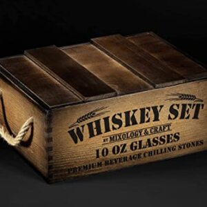 Mixology Whiskey Gift Set, Whiskey Glass Set with Rustic Wooden Crate, 8 Granite Whiskey Rocks Chilling Stones, 10oz Whiskey Glasses, Gift for Men, Dad, Husband, Boyfriend - Jameson Dark Brown