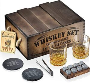 mixology whiskey gift set, whiskey glass set with rustic wooden crate, 8 granite whiskey rocks chilling stones, 10oz whiskey glasses, gift for men, dad, husband, boyfriend – jameson dark brown