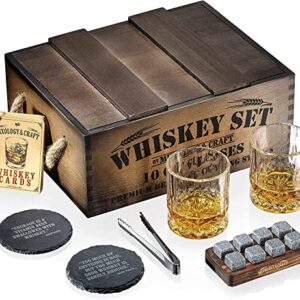 Mixology Whiskey Gift Set, Whiskey Glass Set with Rustic Wooden Crate, 8 Granite Whiskey Rocks Chilling Stones, 10oz Whiskey Glasses, Gift for Men, Dad, Husband, Boyfriend - Jameson Dark Brown