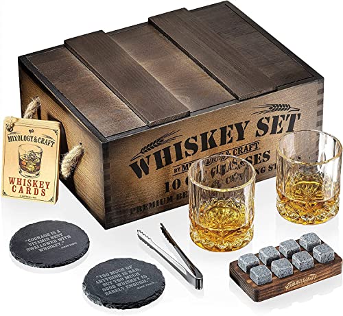 Mixology Whiskey Gift Set, Whiskey Glass Set with Rustic Wooden Crate, 8 Granite Whiskey Rocks Chilling Stones, 10oz Whiskey Glasses, Gift for Men, Dad, Husband, Boyfriend - Jameson Dark Brown