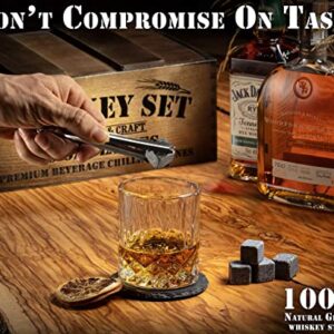 Mixology Whiskey Gift Set, Whiskey Glass Set with Rustic Wooden Crate, 8 Granite Whiskey Rocks Chilling Stones, 10oz Whiskey Glasses, Gift for Men, Dad, Husband, Boyfriend - Jameson Dark Brown