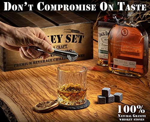 Mixology Whiskey Gift Set, Whiskey Glass Set with Rustic Wooden Crate, 8 Granite Whiskey Rocks Chilling Stones, 10oz Whiskey Glasses, Gift for Men, Dad, Husband, Boyfriend - Jameson Dark Brown