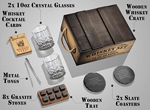 Mixology Whiskey Gift Set, Whiskey Glass Set with Rustic Wooden Crate, 8 Granite Whiskey Rocks Chilling Stones, 10oz Whiskey Glasses, Gift for Men, Dad, Husband, Boyfriend - Jameson Dark Brown