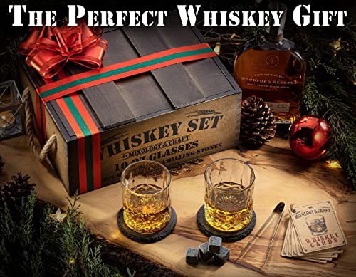 Mixology Whiskey Gift Set, Whiskey Glass Set with Rustic Wooden Crate, 8 Granite Whiskey Rocks Chilling Stones, 10oz Whiskey Glasses, Gift for Men, Dad, Husband, Boyfriend - Jameson Dark Brown