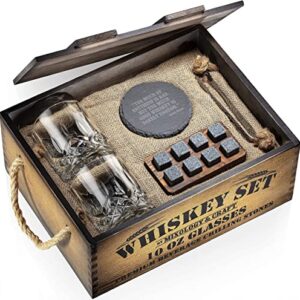 Mixology Whiskey Gift Set, Whiskey Glass Set with Rustic Wooden Crate, 8 Granite Whiskey Rocks Chilling Stones, 10oz Whiskey Glasses, Gift for Men, Dad, Husband, Boyfriend - Jameson Dark Brown