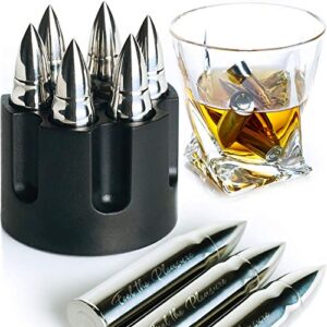 whiskey stones extra large 6 pcs. stainless steel silver bullets with revolver barrel base laser engraved ice cubes chillers reusable chilling rocks stone gift set for men father’s day military man.