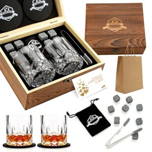 whiskey stones gift set – whiskey glass set of 2 – granite chilling whiskey rocks – scotch bourbon whiskey glass gift box set – best drinking gifts for men dad husband birthday party holiday present