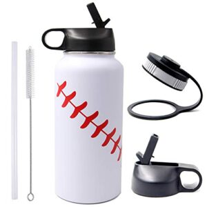 32 oz baseball softball water bottle, wide mouth sports flask metal travel tumbler with 2 lids 18/8 stainless steel double wall vacuum insulated (32oz, white baseball)
