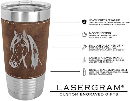 LaserGram 20oz Vacuum Insulated Tumbler Mug, Horse Head 1, (Faux Leather, Rustic)