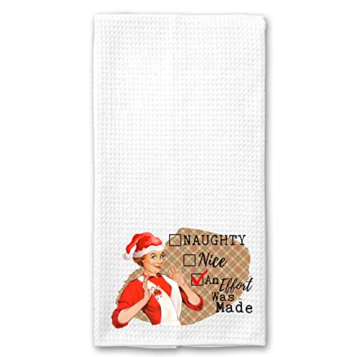 Naught, Nice and Effort was Made Funny Vintage 1950's Housewife Pin-up Girl Waffle Weave Microfiber Towel Kitchen Linen Stocking Stuffer Holiday Christmas Gift