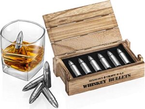 whiskey stone bullets gift set – stainless steel bullet shaped whiskey stones in a wooden army crate | reusable bullet ice cube for whiskey | whiskey gift set for men, dad, husband, boyfriend (silver)