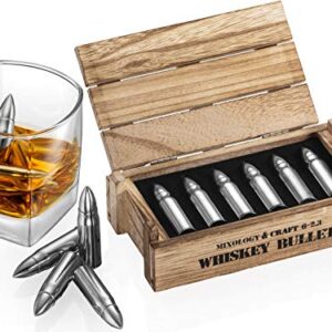 Whiskey Stone Bullets Gift Set - Stainless Steel Bullet shaped Whiskey Stones in a Wooden Army Crate | Reusable Bullet Ice Cube for Whiskey | Whiskey Gift Set for Men, Dad, Husband, Boyfriend (Silver)