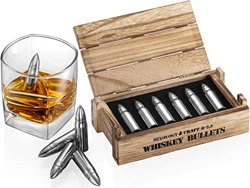 Whiskey Stone Bullets Gift Set - Stainless Steel Bullet shaped Whiskey Stones in a Wooden Army Crate | Reusable Bullet Ice Cube for Whiskey | Whiskey Gift Set for Men, Dad, Husband, Boyfriend (Silver)