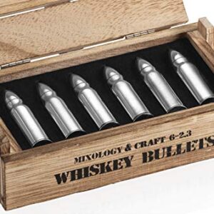 Whiskey Stone Bullets Gift Set - Stainless Steel Bullet shaped Whiskey Stones in a Wooden Army Crate | Reusable Bullet Ice Cube for Whiskey | Whiskey Gift Set for Men, Dad, Husband, Boyfriend (Silver)